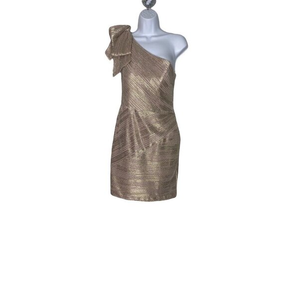 Aqua Woman’s One Shoulder Metallic Sheath Dress Mini Shoulder Bow Mauve SZ 4 - Picture 2 of 8